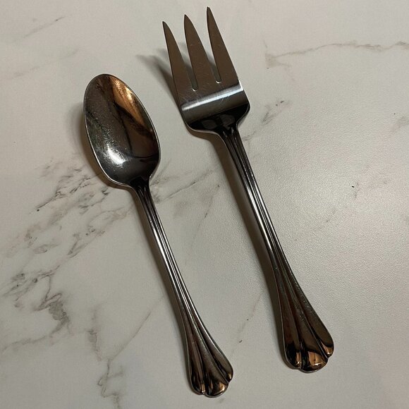 Stainless Flatware Meat Fork and Serving Spoon Dansk Scalloped Design Set of 2 - Picture 1 of 4